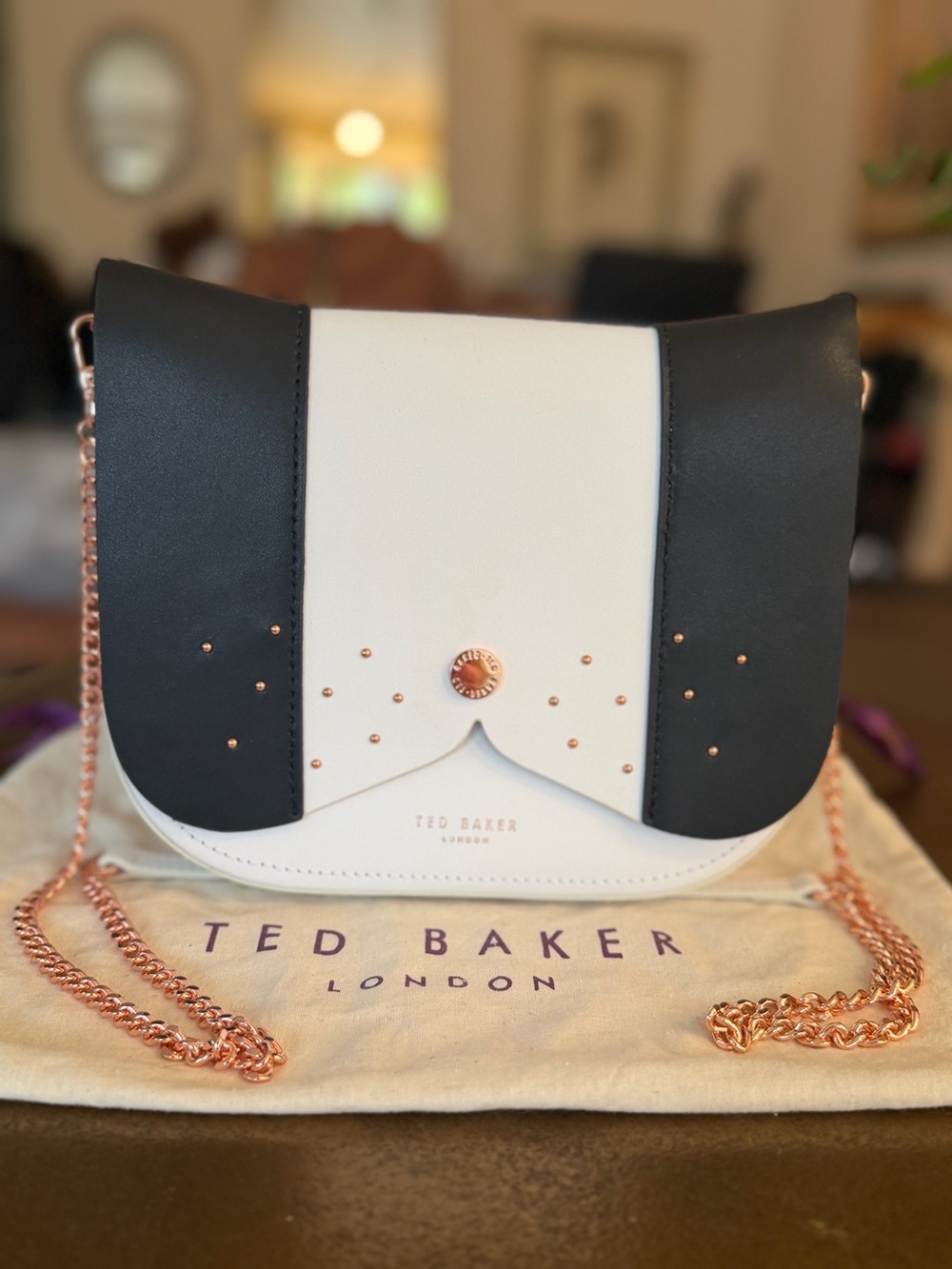 Ted Baker London Leather Crossbody Bag Black White Rose Gold Chain + Dust Bag